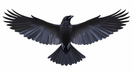 Obraz premium Majestic black bird with wings spread wide in flight against a white background