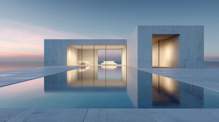 Minimal concrete home with large glass surfaces and geometric lines in soft evening light. Ultra-minimal concrete house with sharp geometric lines, large glass panels, reflective pool.