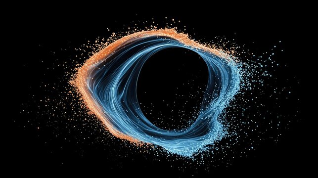 A dynamic, abstract composition featuring a swirling vortex of luminous blue light intertwined with scattered orange particles against a stark black background. - Powered by Adobe