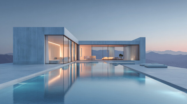 Minimal concrete home with large glass surfaces and geometric lines in soft evening light. Ultra-minimal concrete house with sharp geometric lines, large glass panels, reflective pool.