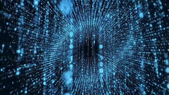 Abstract binary code tunnel with blue light streaks in a digital space - Powered by Adobe