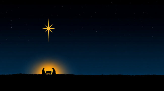 Merry Christmas greeting card. The silhouette of Mary and Joseph bent over the manger of baby Jesus against the background of the star of Bethlehem and the night sky.