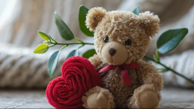 A small brown fluffy stuffed bear with a red ribbon sits on a wooden surface holding a red heart-shaped fabric rose next to a leafy green sprig