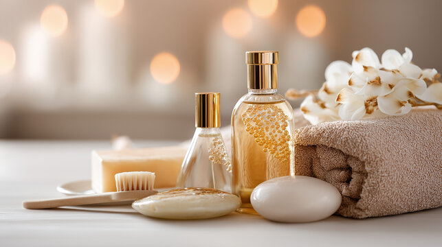 postbiotics. Skincare products and accessories arranged elegantly with soft focus. lifestyle magazines, social media lookbooks, designed for lifestyle magazines and social media content.