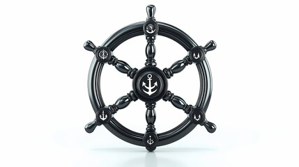 Glossy black ship's steering wheel rests against a bright white background
