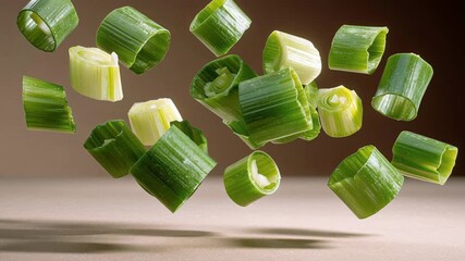 Floating green onion slices in mid-air, showcasing vibrant colors and textures, as camera pans across the scene, emphasizing the dynamic movement and culinary appeal of fresh ingredients