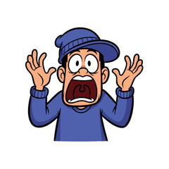 Obraz premium Cartoon man with a shocked expression, mouth wide open screaming, and hands raised in fear or surprise.