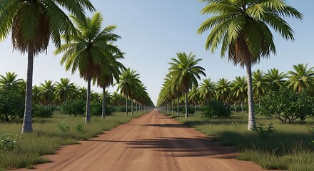 Fototapeta premium Long dirt road through a vibrant tropical palm tree plantation under a clear sky.