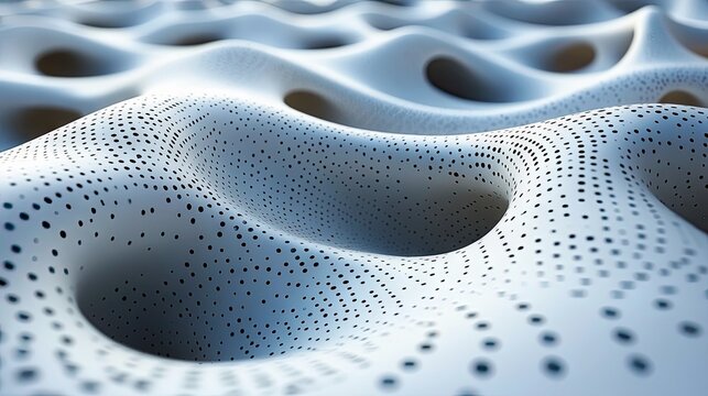A close-up, abstract view of a smooth, undulating white surface covered in a repeating pattern of small black dots and larger circular holes.