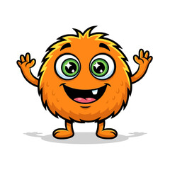 Naklejka premium A cute, friendly, orange furry cartoon monster with big green eyes and a happy smile, waving its arms.