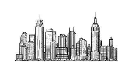 Obraz premium The silhouette of a megalopolis city, black and white sketch. Vector illustration. Tall multi-storey buildings, isolated on a white background