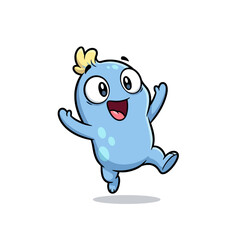 Fototapeta premium A cheerful light blue cartoon monster character with big eyes and yellow hair, jumping happily.