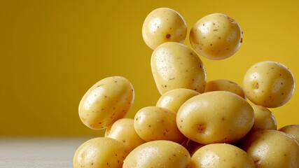 Floating golden potatoes captured in dynamic motion, showcasing the lively bounce and texture against a vibrant yellow backdrop, emphasizing freshness and vitality in food imagery