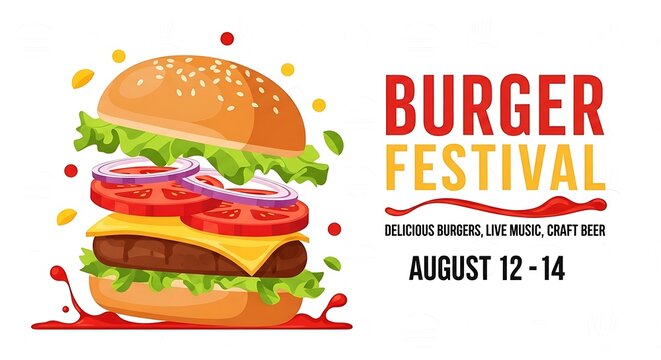 Burger Festival Advertisement - Delicious Burgers, Live Music, and Craft Beer.