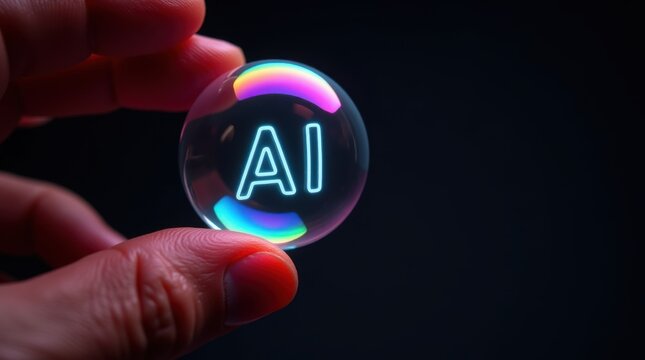 Close up near a bubble reflecting the glowing letters AI in a dark setting emphasizing technology and science theme with vivid color reflections and smooth surfaces 