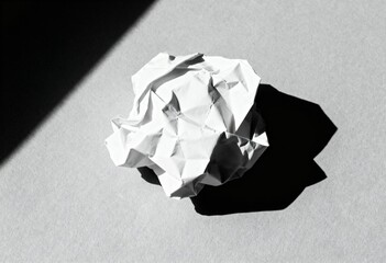 Single crumpled white paper ball on grey background with hard shadow, idea rejection concept