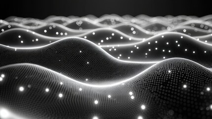 A dynamic abstract visualization of glowing white particles creating a landscape of undulating waves against a dark background.