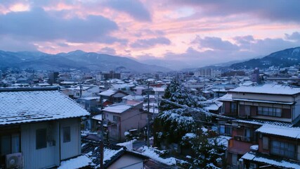 Pastel Sunset Sky over a Snowy Japanese Town. - Powered by Adobe