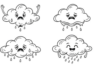 Cute cartoon cloud characters with emotional faces, crying tears, sad expressions, happy mood, rainfall illustration, weather icon design, vector drawing