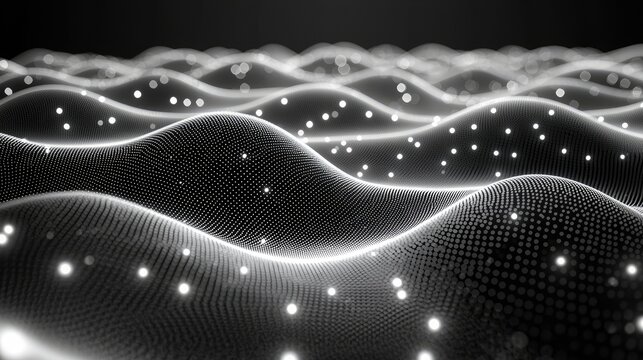 A dynamic abstract visualization of glowing white particles creating a landscape of undulating waves against a dark background.
