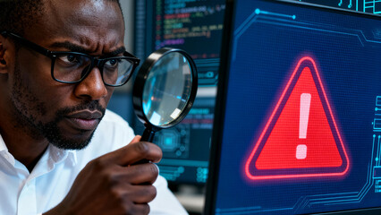 Man focused on analyzing cybersecurity warning displayed on computer monitor. Modern office setting with multiple screens and code in background