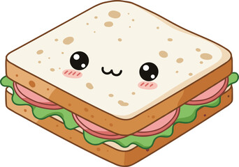 Cute cartoon sandwich, kawaii food illustration, smiling bread character, ham and lettuce snack, adorable lunch icon, kids menu design