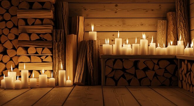 Candles and firewood in a wooden cabin interior