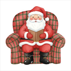 Watercolor Santa Claus Resting on Cozy Chair Christmas Illustration

