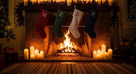 Fototapeta premium Fireplace with stockings and candles during winter