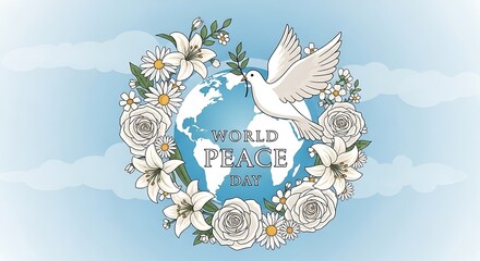 World Peace Day concept with dove, globe, and floral wreath on a serene blue background.