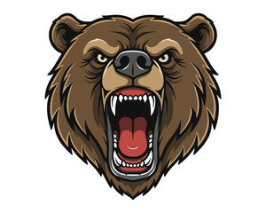 Ferocious grizzly bear head mascot roaring with open mouth.