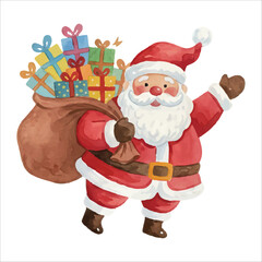 Watercolor Santa Claus Delivering Gifts Christmas Illustration
