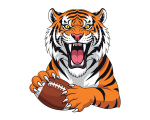 Fierce tiger mascot roaring and gripping American football with claws.