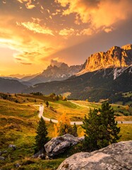 Golden sunset light illuminates alpine mountains and rolling valleys, with a winding road through autumn landscapes, showcasing dramatic peaks, natural depth and serene travel scenery.