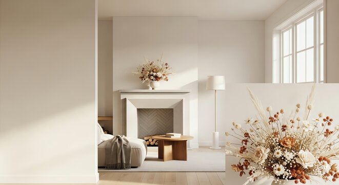 Living room interior with fireplace and floral arrangement - Powered by Adobe