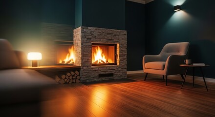 Living room with fireplace and armchair