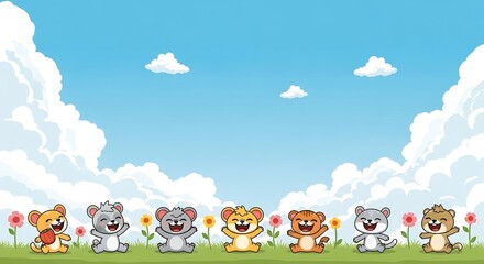 Fototapeta premium Cute Cartoon Koalas Sitting in a Grassy Field Under a Blue Sky with Fluffy Clouds.