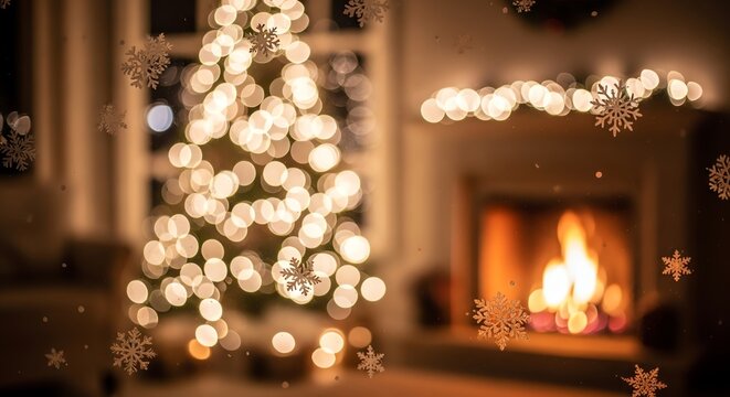 Christmas tree and fireplace with falling snowflakes