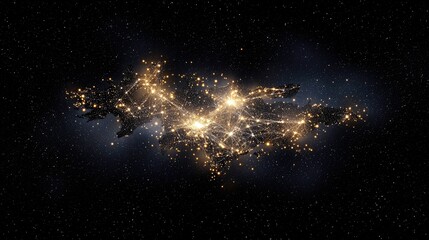 A nighttime aerial view of a landmass showing glowing city lights and connecting lines, set against a dark, starry sky.