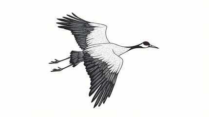 Fototapeta premium Detailed black and white illustration depicts a large wading bird soaring across an empty background