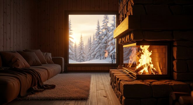 Cozy cabin interior with fireplace and snowy forest view