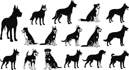 Dog silhouette vector collection, pet animal illustration, black dog breed artwork, domestic puppy design, canine graphic set, isolated background decoration