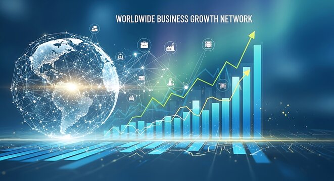 Global business growth network with earth representation and financial charts showing upward trends illustrating international market expansion and successful investment strategies