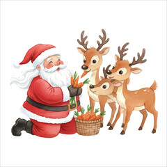Watercolor Santa Claus Feeding Reindeer Christmas Illustration
