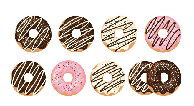 A delicious set of eight assorted donuts with chocolate white and pink frosting sprinkles and decorative drizzle for bakery designs.