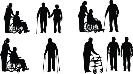 Elderly care, senior support, caregiver assistance, wheelchair mobility, aging population, medical aid, family compassion, rehabilitation, silhouette icons, healthcare scenes