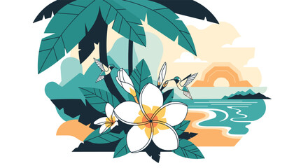 A beautiful tropical landscape illustration with frangipani flowers hummingbirds and a palm tree set against a beach sunset scene.