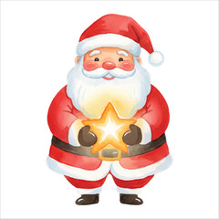 Watercolor Santa Claus Holding Glowing Star Christmas Illustration
