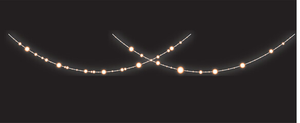 Christmas lights garland isolated on dark background. Glowing lamp light with sparkles. Christmas, New Year, wedding or Birthday decorations © BK2003