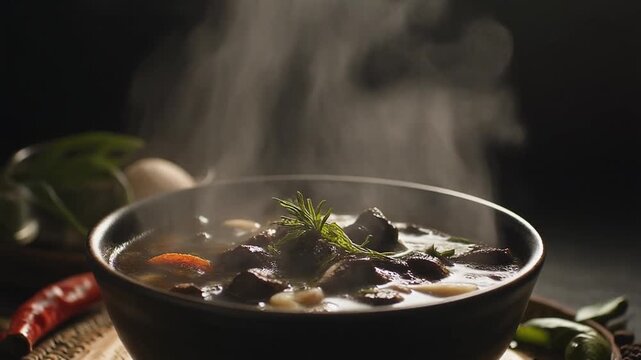 Rawon Indonesian soup steam rising backlit dramatic atmosphere
